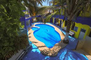 a swimming pool in a resort with a palm tree at Posada Real in Rincon de Guayabitos +33 photos