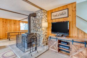a living room with a tv and a wooden wall at Mt Hood Chalet Vacation Rental in Government Camp