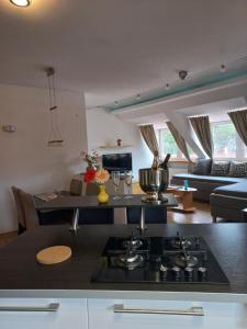 a kitchen with a stove and a living room at A-M Condominium in Veszprém
