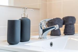 una botella de jabón azul junto a un lavabo en Tours Hyper Centre - Balcon - Arrivée autonome, en Tours 20 fotos más