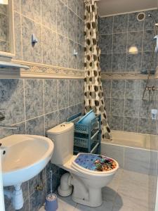 La salle de bains est pourvue de toilettes, d'un lavabo et d'une baignoire. dans l'établissement Pokoje Gościnne ADRIAN, à Krynica Morska