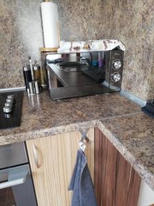 un microondas sentado en una encimera en una cocina en Приключение в Триград en Trigrad
