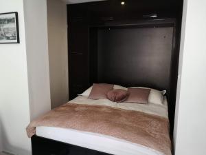 a bedroom with a bed with a black headboard at Green View Kotlarska in Wrocław