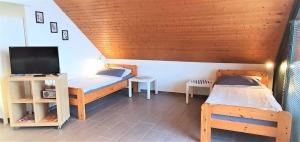 um pequeno quarto com duas camas e uma televisão em Appartement Lohe em Glüsingerlohe