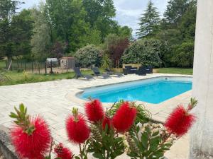 Logement 2/4 pers-piscine-25mn rocade bordeaux في Baron: مسبح مع بعض الزهور الحمراء بجواره