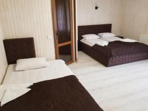 two beds in a room with a mirror at Guest House Mountain in Bukovel