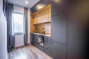 a kitchen with gray cabinets and a sink and a window at Loftowy apartament w sercu Śląska in Ruda Śląska