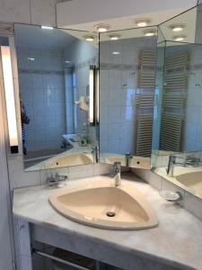 a bathroom with a sink and a large mirror at Labud 25 am Plöner See in Bosau in Bosau