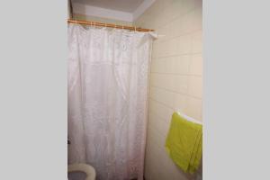 a bathroom with a shower curtain and a toilet at DEPARTAMENTO KRISTINA in Villa Carlos Paz