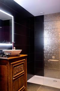 een badkamer met een wastafel en een douche met een spiegel bij Gîte Villa Léanne in Namen