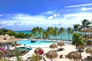 ośrodek z basenem, palmami i oceanem w obiekcie Studio Cocooning Diamond - Piscine et Terrasse vue mer w mieście Le Diamant