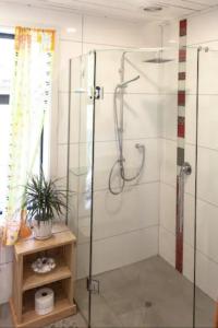 a shower with a glass door in a bathroom at Stunning Scandi Style Home Overlooking Lake Wanaka in Wanaka