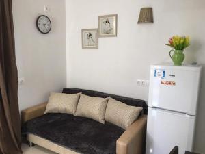 a room with a refrigerator and a couch and a clock at Verona Apartment in Dushetʼi