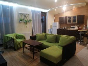 a living room with a green couch and a table at Silver Horse Ranch in Békés