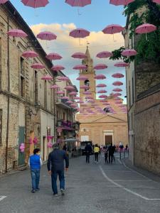 a bunch of pink umbrellas hanging over a street at B&B Rocca del Civitillo in Notaresco