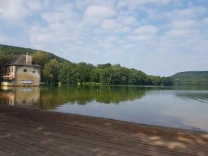 Lissac-sur-CouzeにあるChalet les Hameaux du Perrierの中央に建つ大きな湖