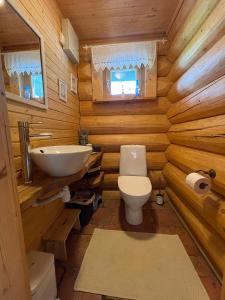 a log cabin bathroom with a sink and a toilet at Kasepuu Holiday House in Uulu