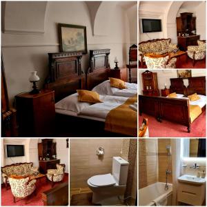 a collage of pictures of a bedroom with beds and a toilet at Hotel Čierny Orol in Rožňava