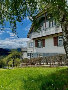 una casa en una colina con un campo verde en Ferienhaus mit 5* Luxus im Schwarzwald, en Gemeinde Aichhalden