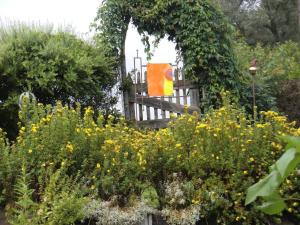 d'un jardin avec des fleurs jaunes et une clôture en bois. dans l'établissement Ferienpension Fremuth, à Ruhmannsfelden