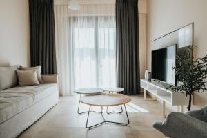 a living room with a couch and a tv at Elia Luxury Suites in Plataria