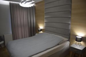 a bedroom with a white bed and two lamps at Apartament Pod Papugami in Toruń