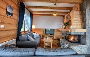 a living room with a couch and a fireplace at Dom w Hubie z sauną i bawialnią dla dzieci in Maniowy