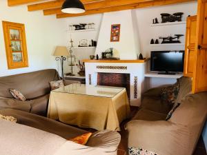 a living room with two couches and a fireplace at Casa Rural Huerta Abuela María in Archidona