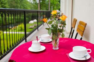 czerwony stół z talerzami i kubkami oraz waza z kwiatami w obiekcie Hotel Mir-Jan SPA w mieście Lądek-Zdrój