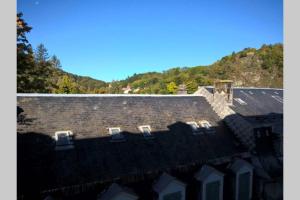 le toit d'une maison avec une montagne en arrière-plan dans l'établissement Apt T2 41m2 WIFI 2* 4-6 pers. La BOURBOULE, à La Bourboule