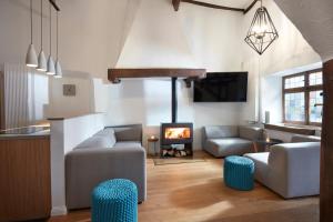 a living room with two couches and a fireplace at Ferienhaus Olive Tree in Bullay