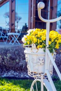 Una bicicleta blanca con una cesta llena de flores amarillas en Feniks Agro&Spa Adults Only, en Świnoujście