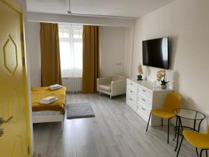 a small room with a bed and a tv in it at Uley Hostel in Krasnogorsk