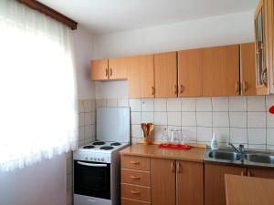 a kitchen with a white stove top oven next to a sink at Apartman Park in Trebinje