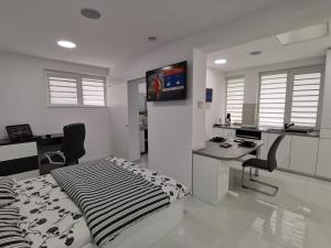 a bedroom with a bed and a desk and a kitchen at Casuta cu Tei in Oradea