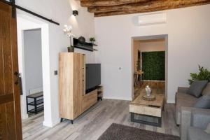 een woonkamer met een bank en een tv bij Elegante Apartamento para 5 en el centro de Cáceres con wifi in Cáceres
