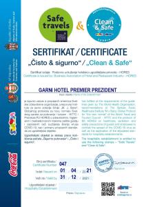Certifikát, hodnocení, plakát nebo jiný dokument vystavený v ubytování Premier Prezident Garni Hotel and Spa