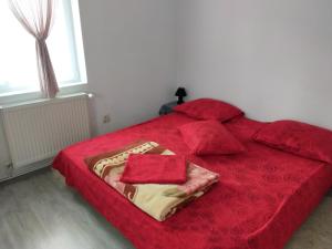 a red bed with red pillows in a bedroom at CABANA ZIMBROAIA 8 camere -Muntii Bârgăului, Transilvania in Piatra Fantanele
