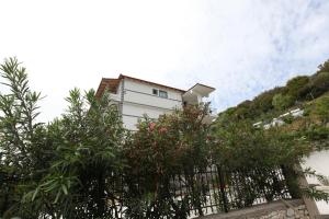 a white building behind a fence with trees at Hotel Erviliano in Borsh