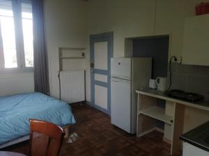 eine kleine Küche mit einem Bett und einem Kühlschrank in der Unterkunft Au calme, devant le port, studio indépendant in Lere