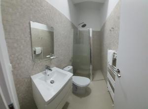 ein Badezimmer mit einem Waschbecken, einem WC und einem Spiegel in der Unterkunft Pensiunea Andero Deva in Cristur