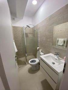 a bathroom with a toilet and a shower and a sink at B&B Andero Deva in Deva