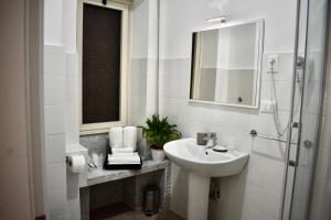 La salle de bains blanche est pourvue d'un lavabo et d'une douche. dans l'établissement Affittacamere Dianir, à Rome