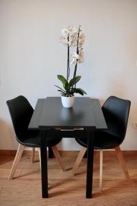 
a table with two chairs and a vase with flowers on it at Apartments Cava Dubrovnik in Dubrovnik
