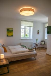 - une chambre avec un lit et un grand éclairage dans l'établissement WeinApart im Winzerschlössl, à Eisenstadt