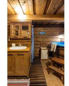 a bathroom with a sink and a wooden cabin at Modrá chalúpka in Kremnica