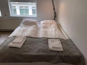 a bed with two pillows and two towels on it at Day Dream R1 Townhall Studio in Akureyri