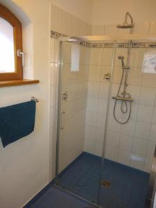 a bathroom with a shower with a glass door at Ferienwohnung Amende in Angermünde