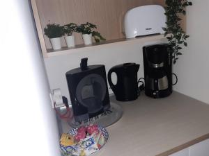 encimera de cocina con cafetera y microondas en Le cosy de Saint Jean, en Saint-Jean