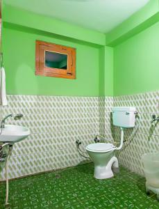 a green bathroom with a toilet and a sink at Kinnor Retreat in Sāngla